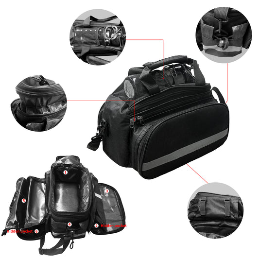 Rear Electric Bike Rack Bag with Waterproof Rain Cover Carrier Backseat 13LStorage Luggage Saddle E Bike Bag Cycling Pannier Trunk Carrier with Reflector&Adjustable Cord for E-Bike Commuter