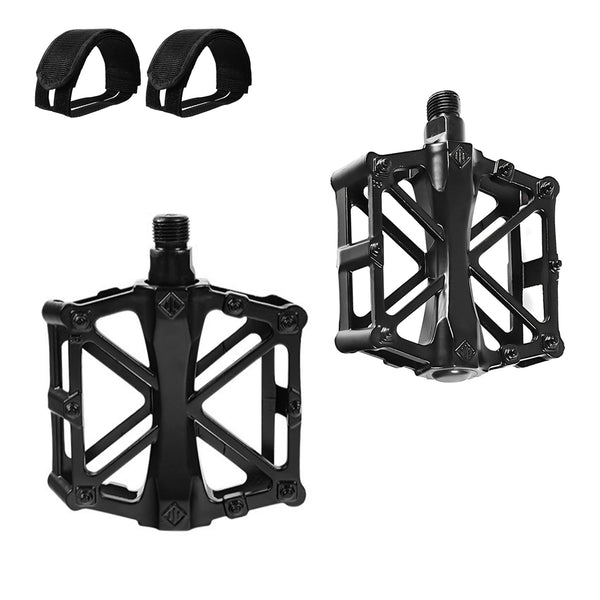 Bike Pedals with Pairs of Feet Strap 16 Anti-Skid Pins 9/16 Inch Lightweight Sealed Bearings Wide Platform Pedals for Electric Bike