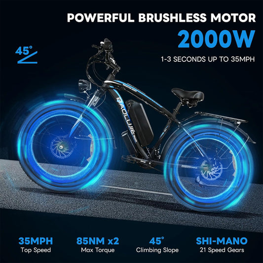 2000W Electric Bike with 20Ah Removable Battery 26"×4“Fat Tire Ebike for Adults 35MPH 80Miles Electric Bicycles with Shi-Mano 21 Speed Lockable Front Sespension Hydraulic Disc Brake